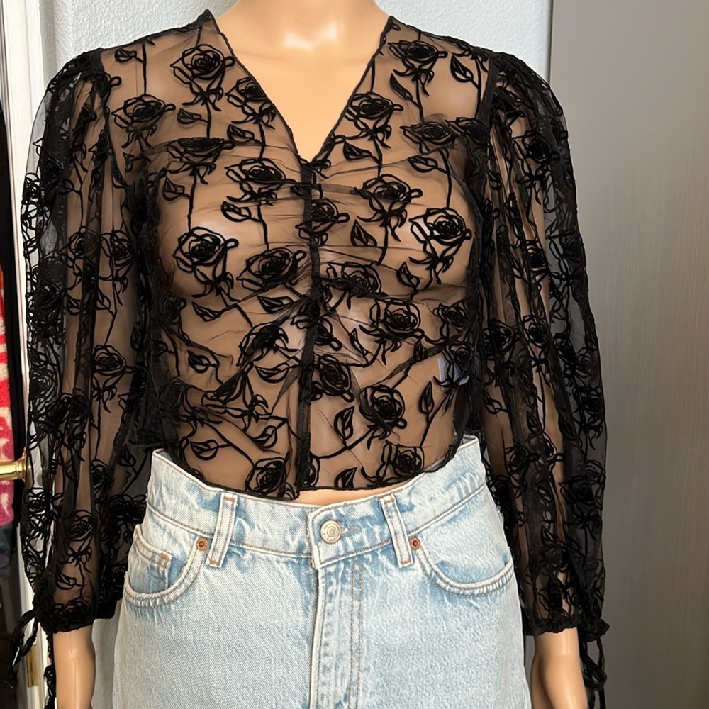 House of Sunny Black Sheer Floral Crop Top